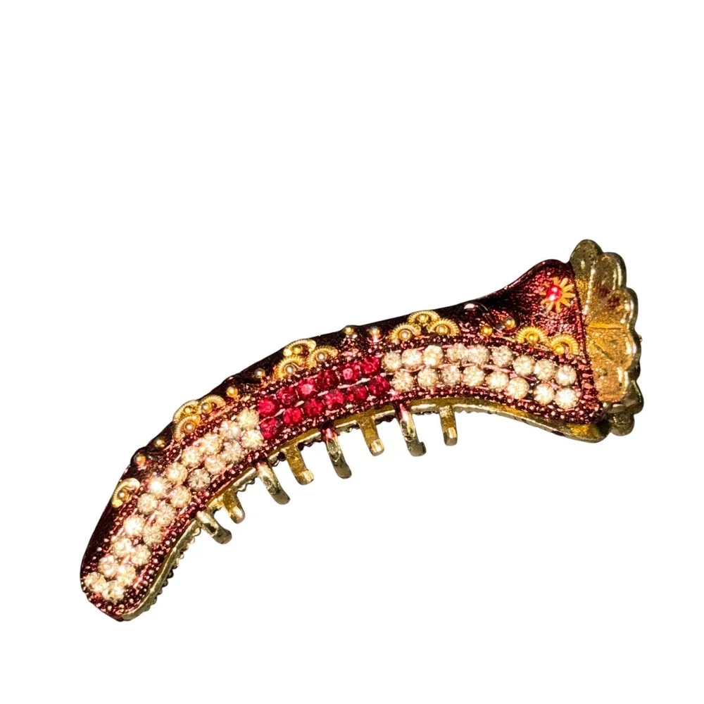 Vintage Ornate Rhinestone Banana Hair Clip Gold Burgundy Enamel Filigree Crystal